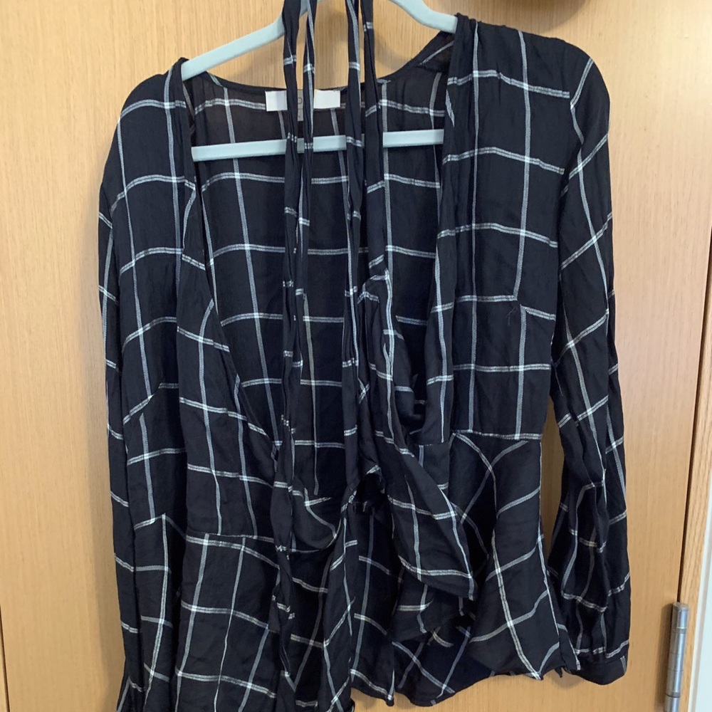 Navy window pane wrap style blouse